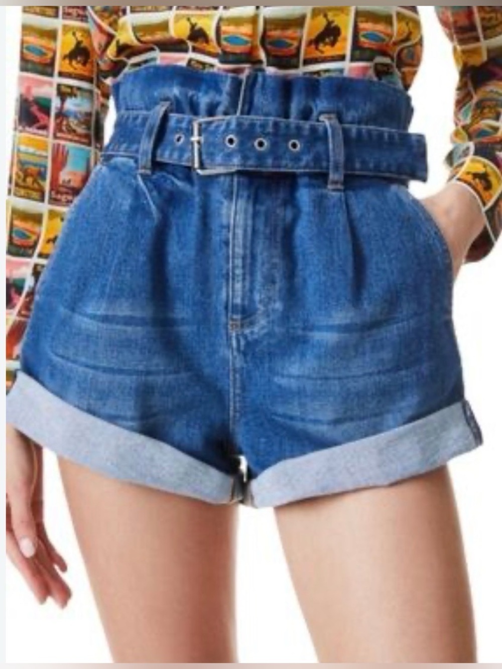 Alice + Olivia Rolled-Hem Paperbag Denim Shorts in Blue
